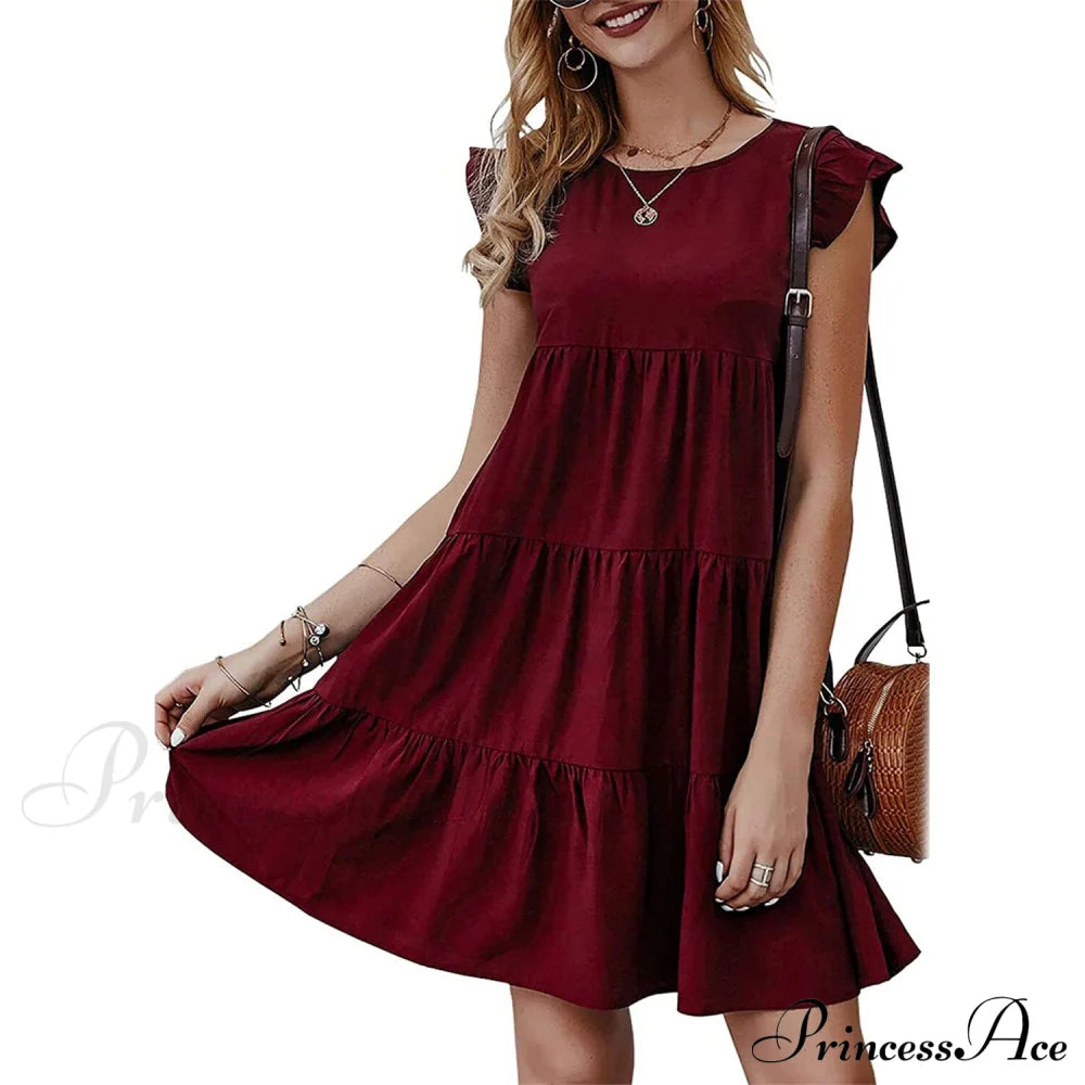 Women's Sleeveless Ruffle Sleeve Summer Dress Wine Red __stock:200 casual dresses clothes dresses refund_fee:1200