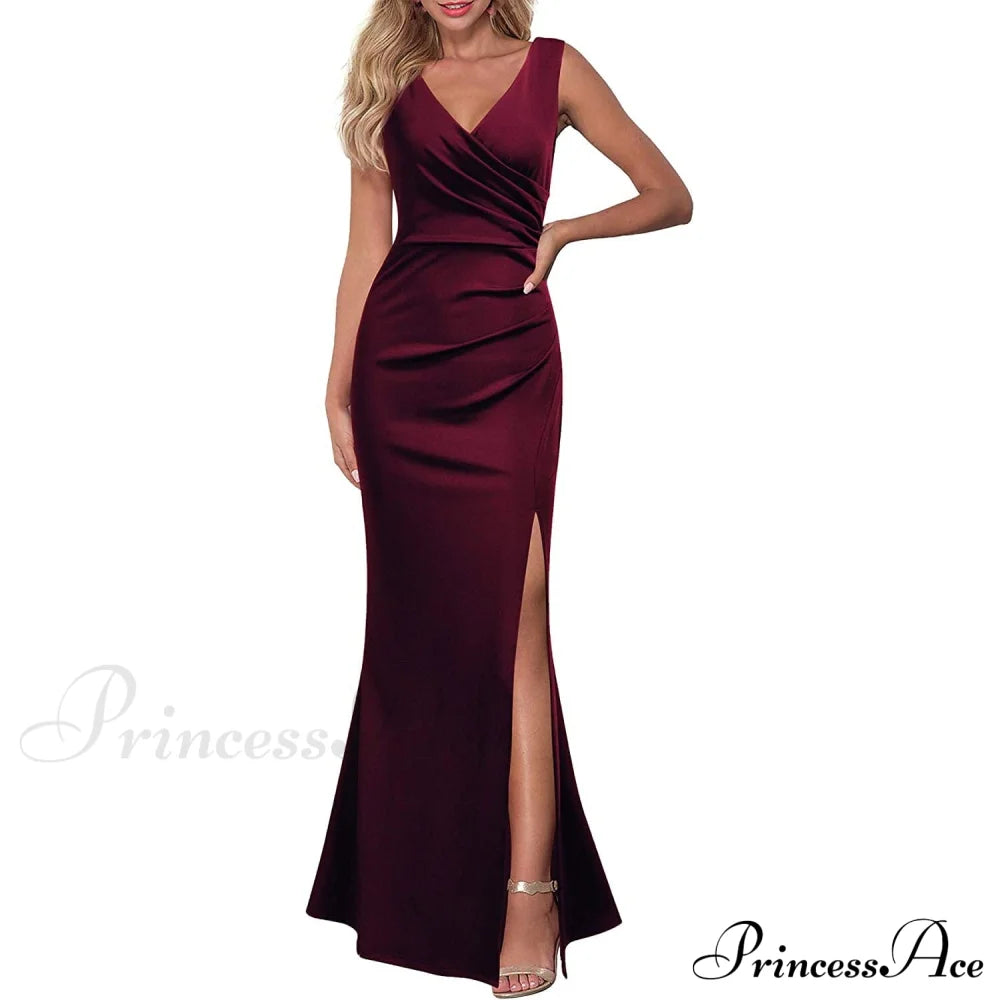 Women Sleeveless V Neck Split Evening Cocktail Long Dress Burgundy __stock:200 casual dresses clothes dresses refund_fee:1200