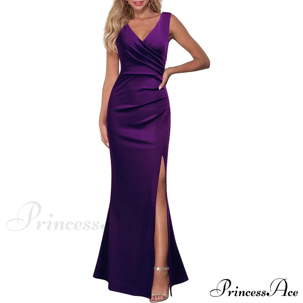 Women Sleeveless V Neck Split Evening Cocktail Long Dress Purple __stock:200 casual dresses clothes dresses refund_fee:1200