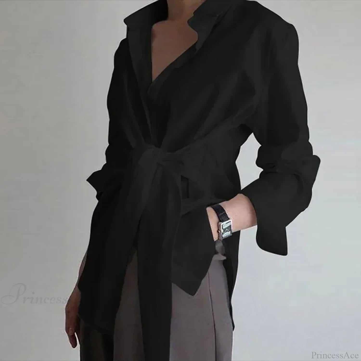 Slim Button Ruched Lace-Up Blouse Black / S blouse-250223