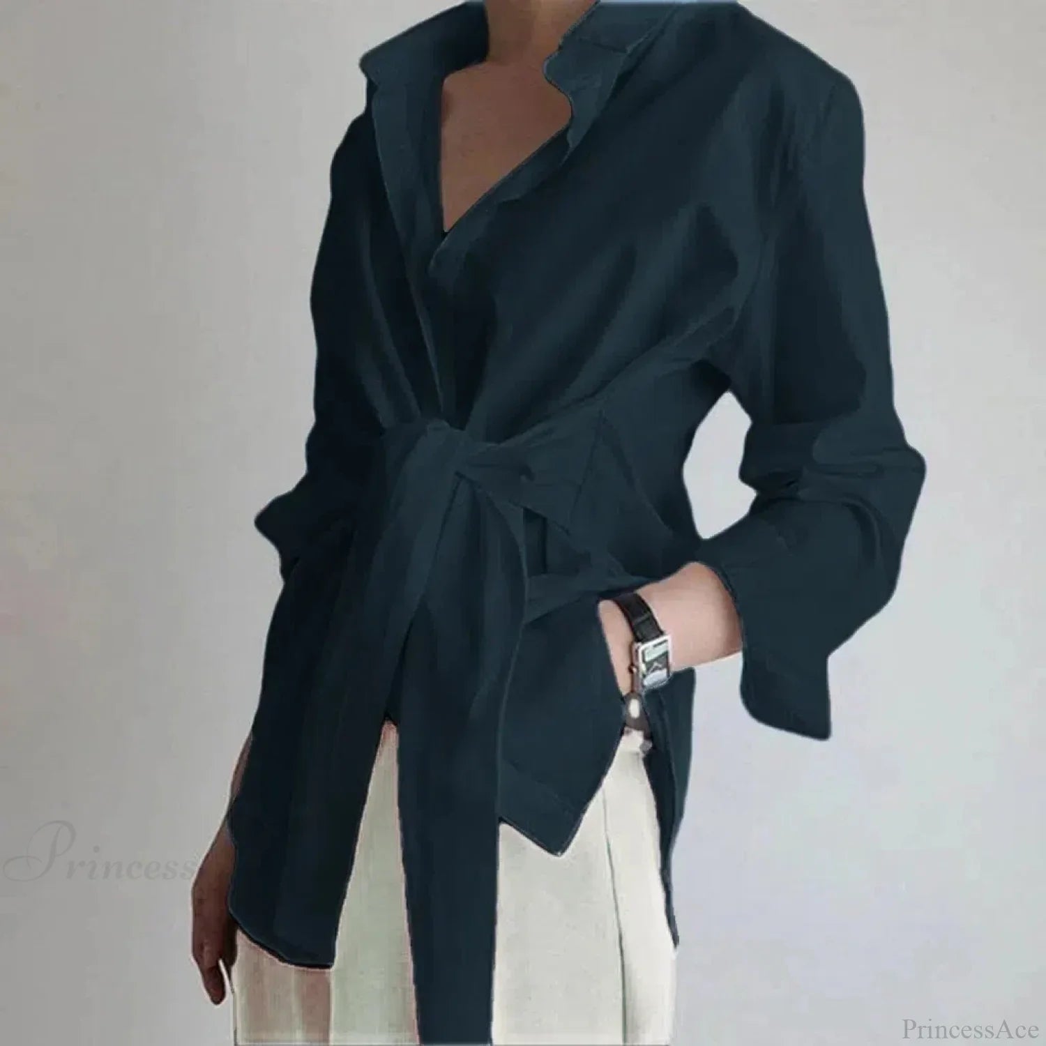 Slim Button Ruched Lace-Up Blouse Blue / S blouse-250223