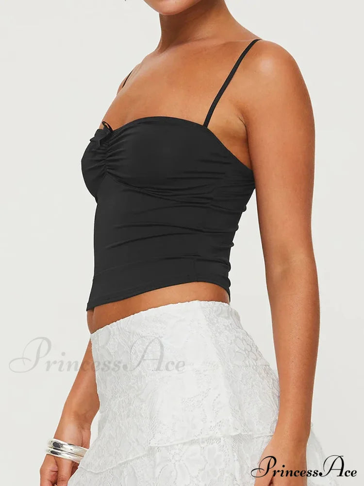 Slim Fit 3D Bow Ruched Sweetheart Neck Backless Spaghetti Strap Stylish Elegant Crop Top