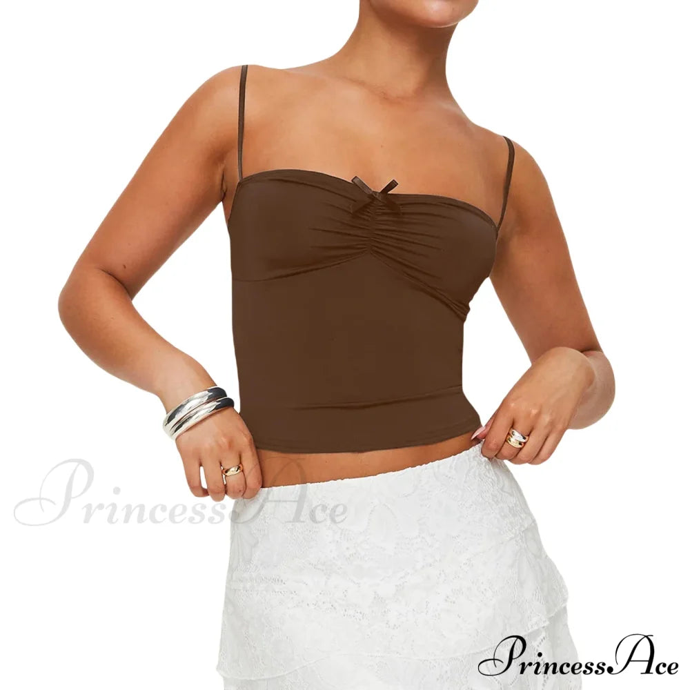 Slim Fit 3D Bow Ruched Sweetheart Neck Backless Spaghetti Strap Stylish Elegant Crop Top Coffee / S