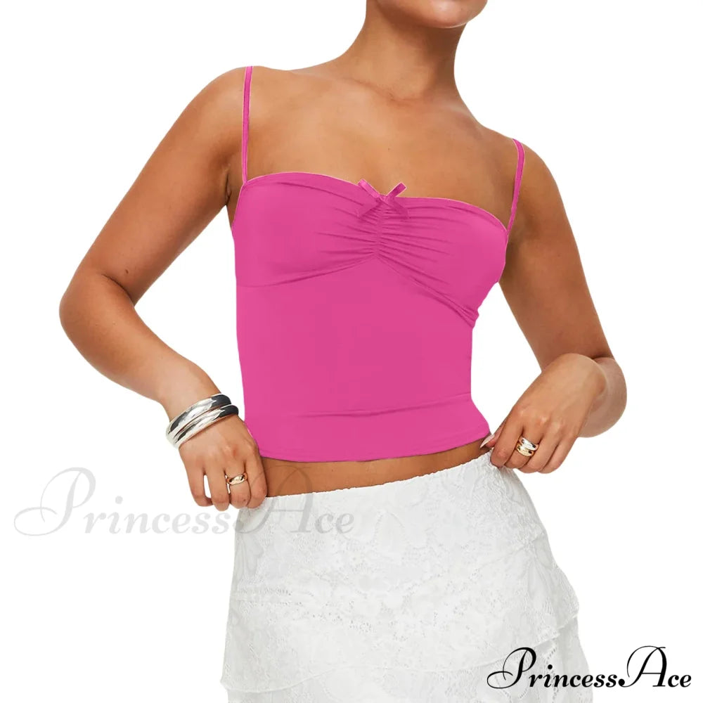 Slim Fit 3D Bow Ruched Sweetheart Neck Backless Spaghetti Strap Stylish Elegant Crop Top Rose Red /