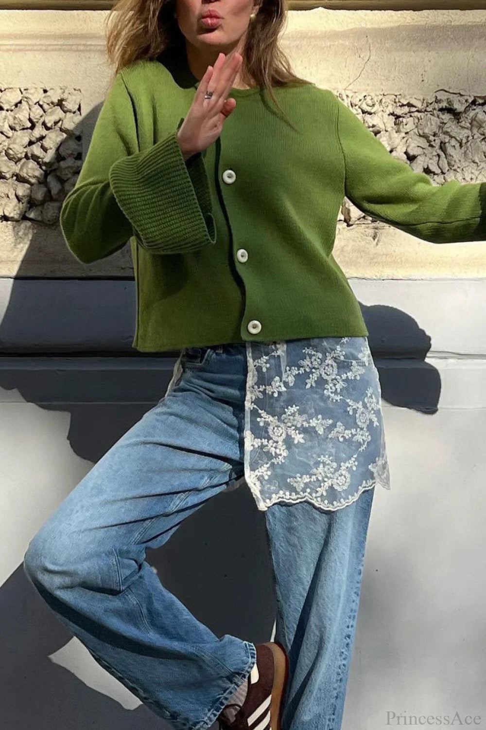 Slim Fit Bell Sleeve Knit Crew Neck Cardigan Green / S