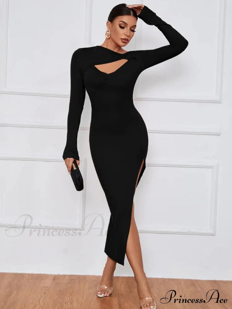 Slim Fit Split Long Sleeve Dress L / Red