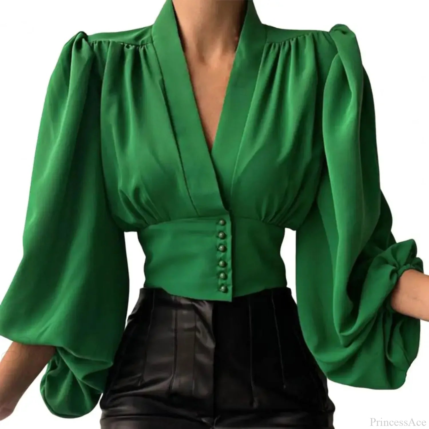 Slim Fit V Neck Cropped Lantern Blouse Green / M blouse-250126