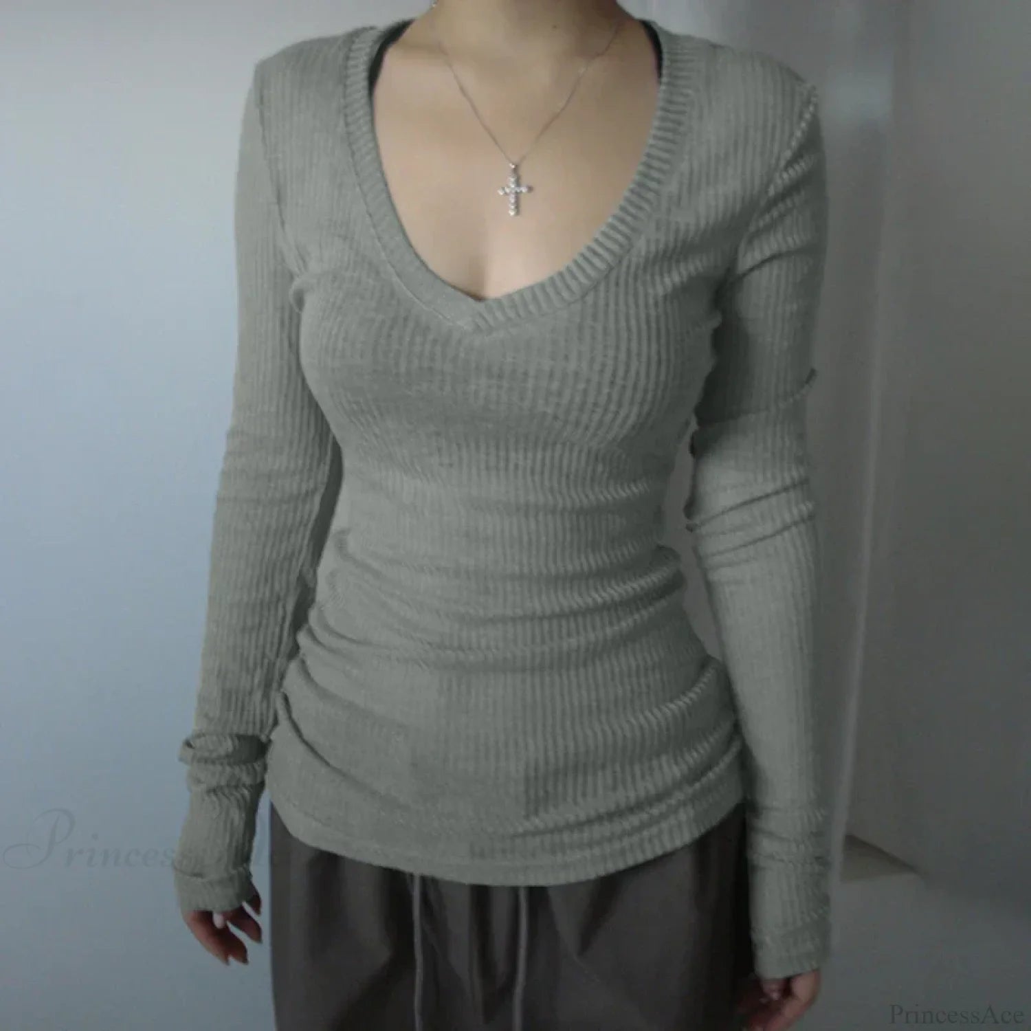 Slim-fitting Crop Top Micro-transparent V-neck Smock T-shirt Women knittop-250126