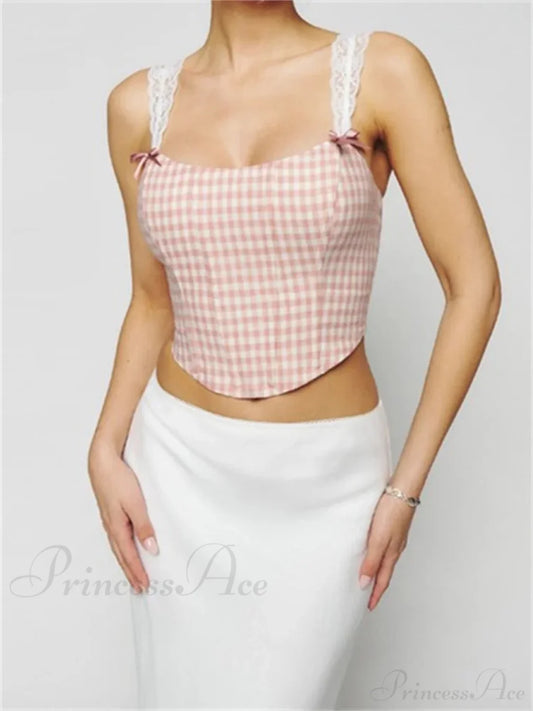 Slim Lace Strap Plaid Floral Print Crop Top WHITE1 / S croptop-250126