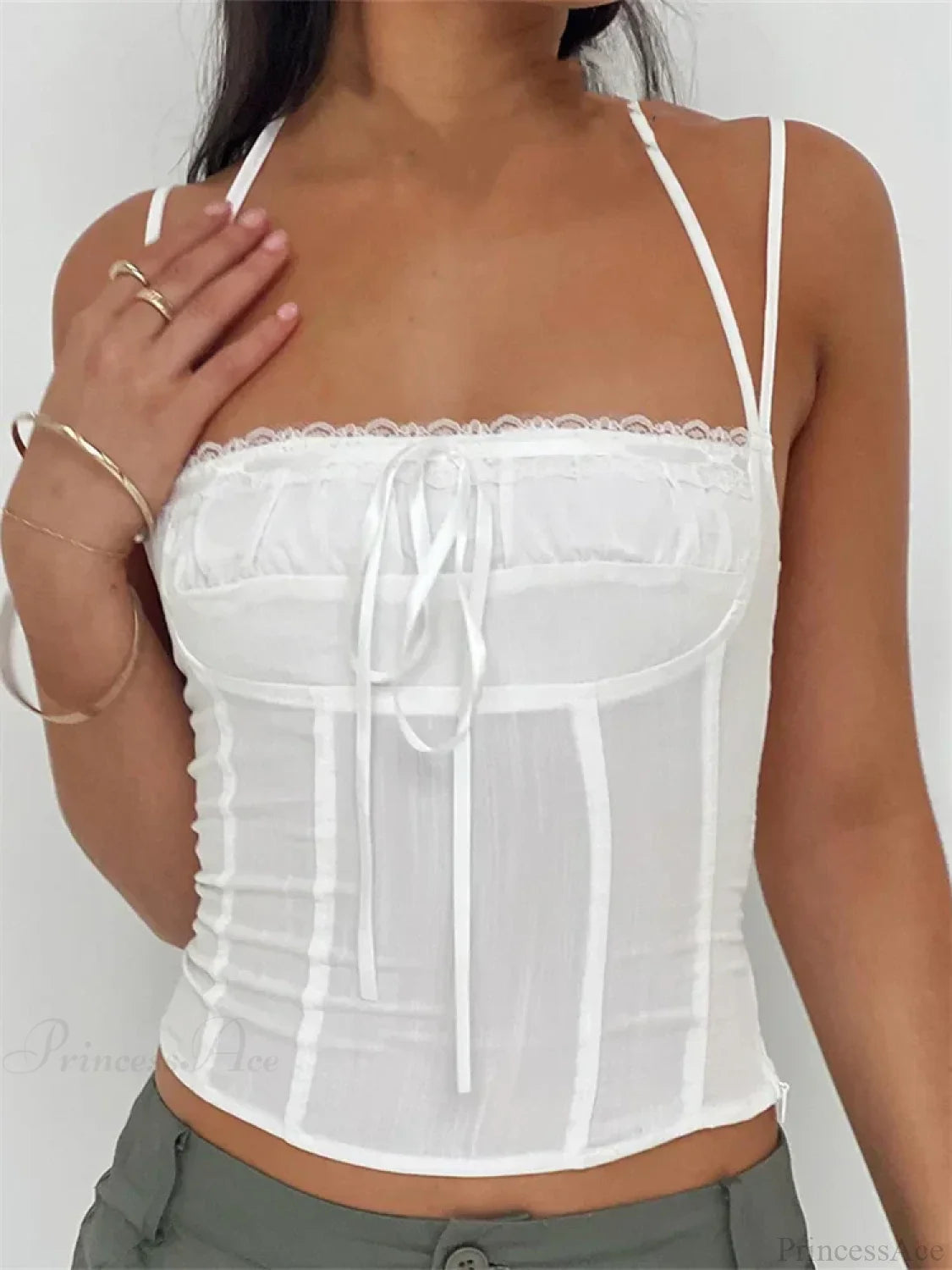 Slim Lace Trim Halter Tie-up Backless Crop Top WHITE / S croptop-250126