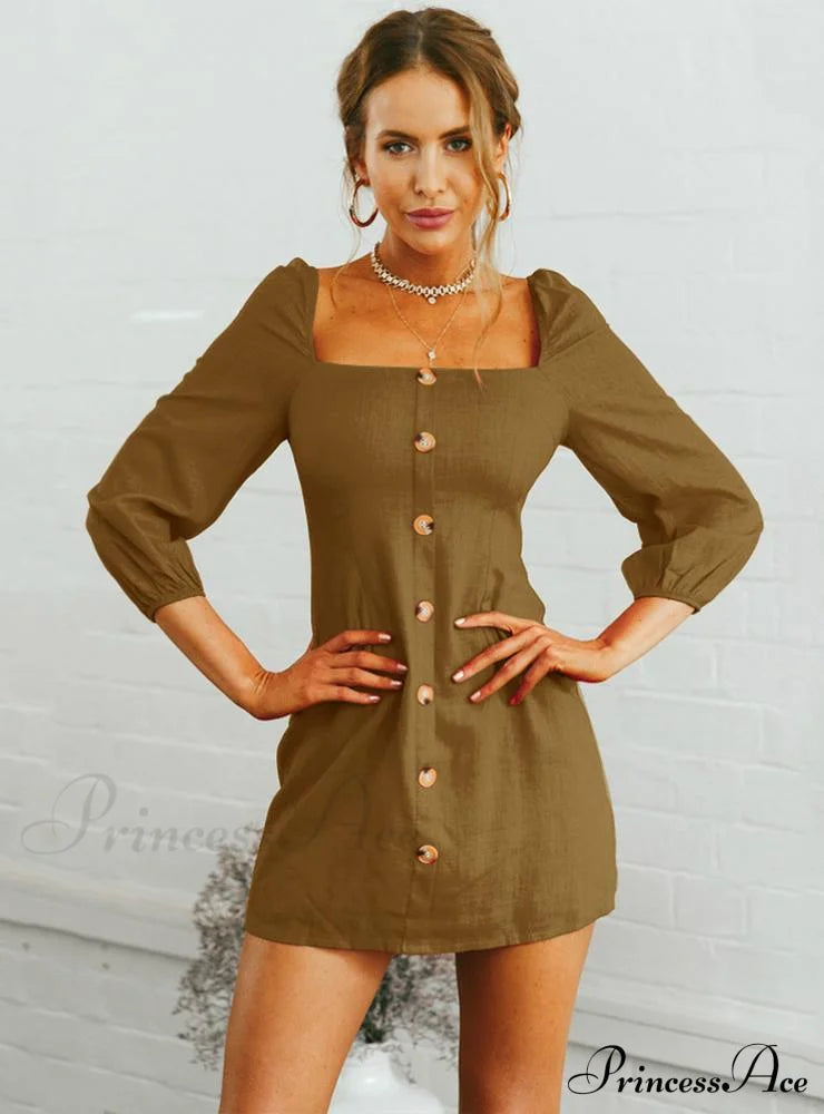 Slim Long Sleeve Dress With Square Collar S / Wine Red Dresses