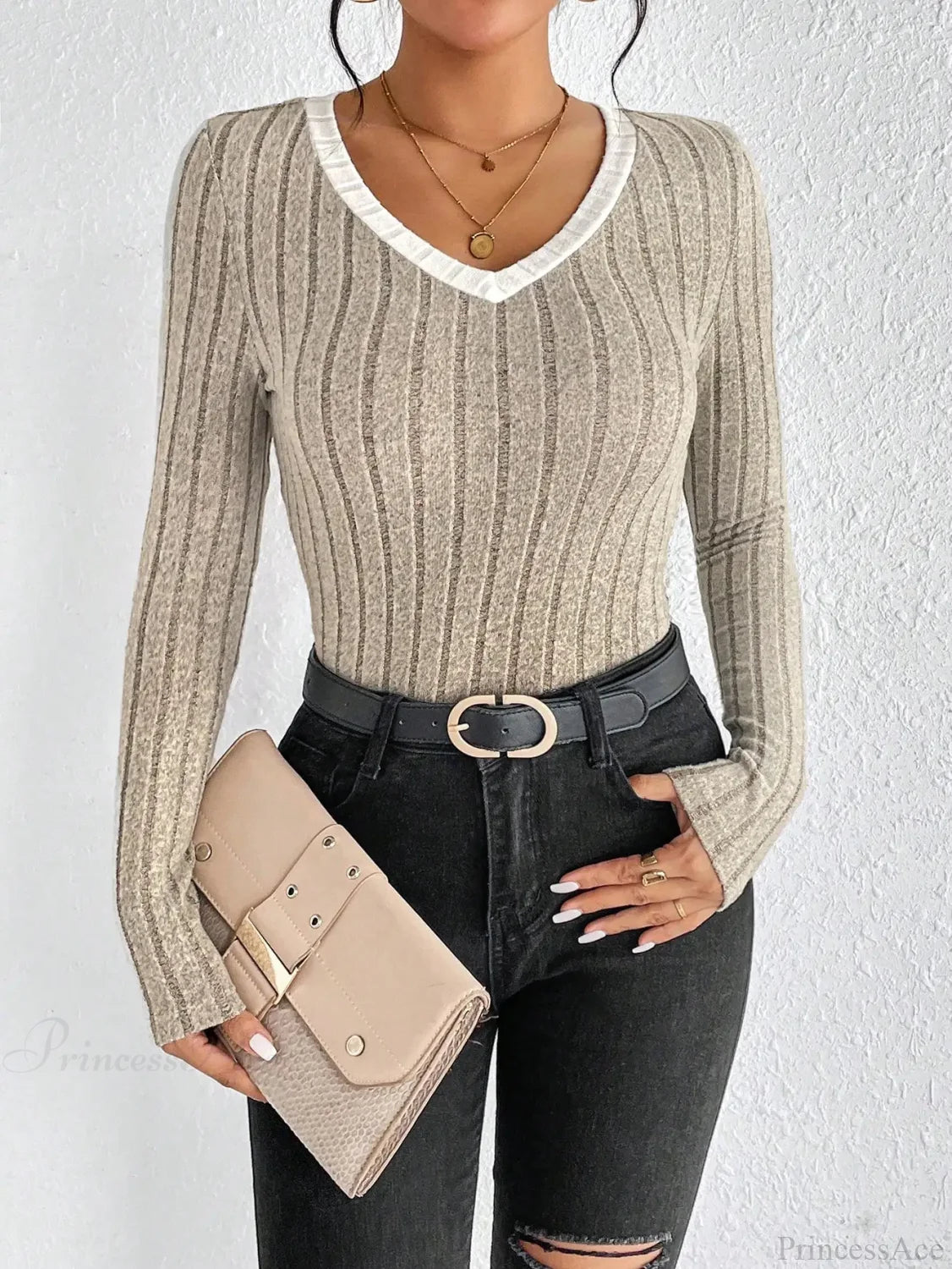 Slim Sexy V-Neck Neck Edge Clash Pullover Top Women knittop-250126