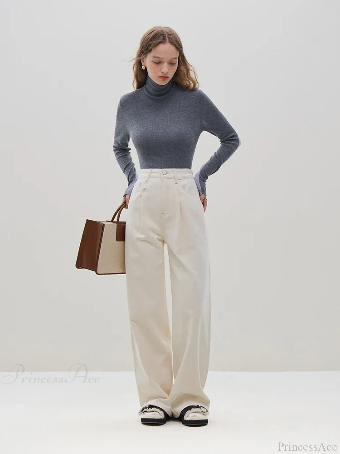 Slim Style Two - wear High Turtleneck Sweater Grey Purple / S