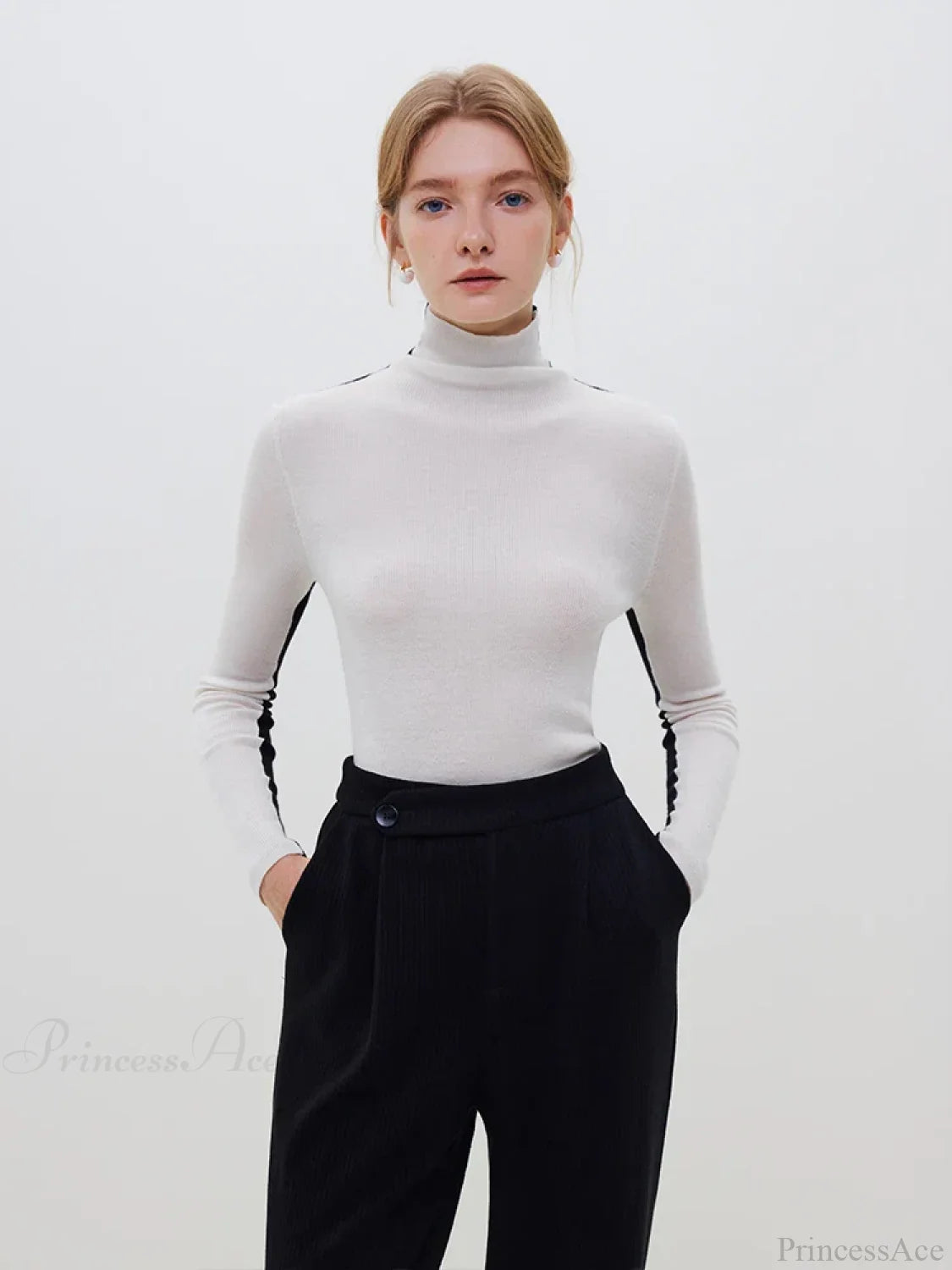 Slim Style Two - wear High Turtleneck Sweater White Black / S