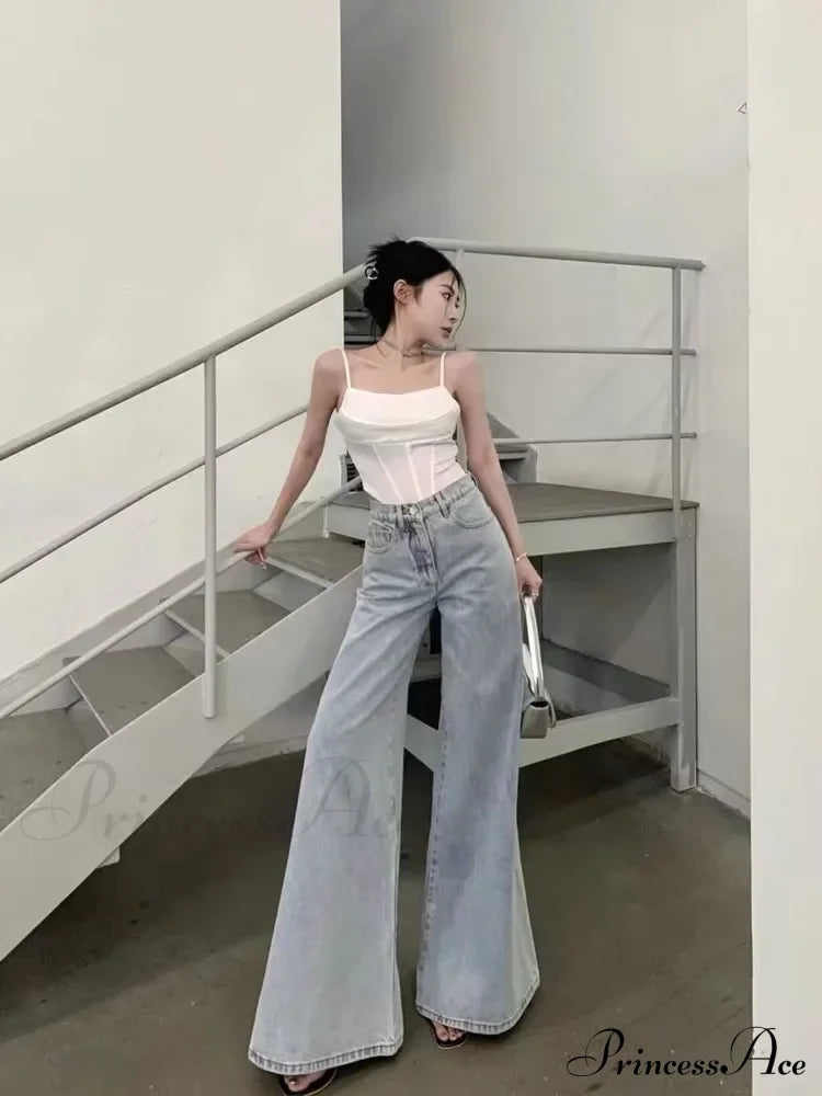 Slimming Vintage Flared Loose Fitting High-Waisted Denim Mop Floor Length Jean