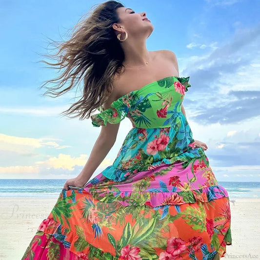 Sling Ruffle Print Skirt Two Piece Set green Swimsuit and skirt / S