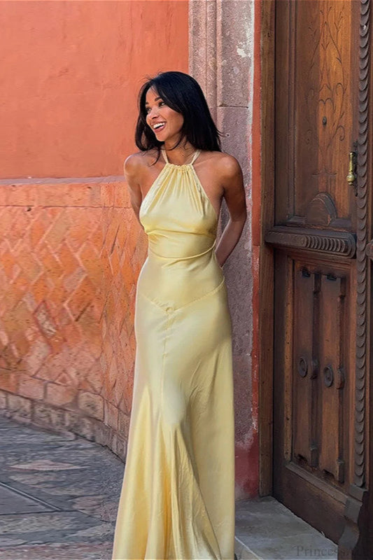 Slinky Halter Fitted Party Dress Yellow / S