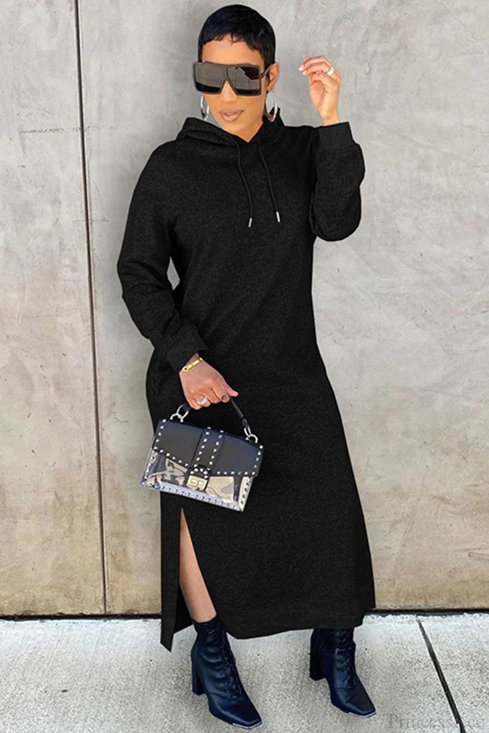 Slit Hem Hoodie Dress Black / M Midi Dresses