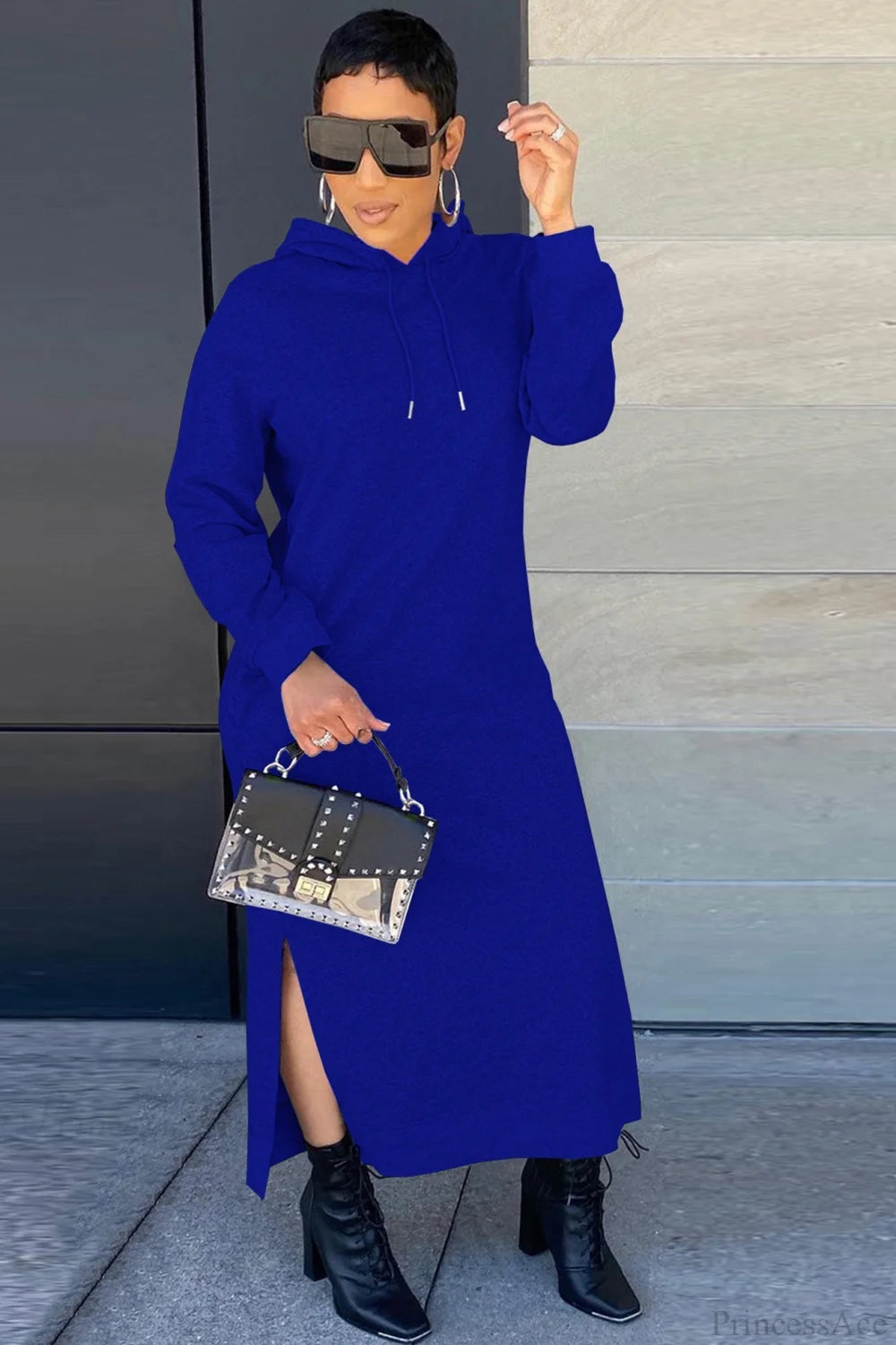 Slit Hem Hoodie Dress Blue / S Midi Dresses