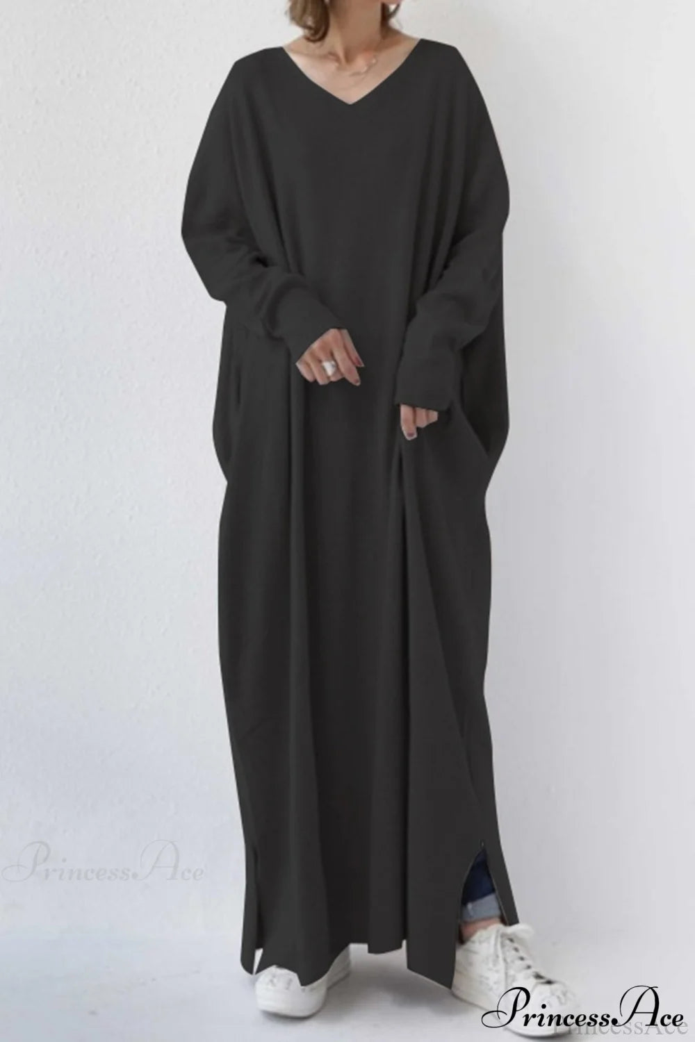 V Neck Sweatshirt Dress With Slit Hem Black / S Midi Dresses