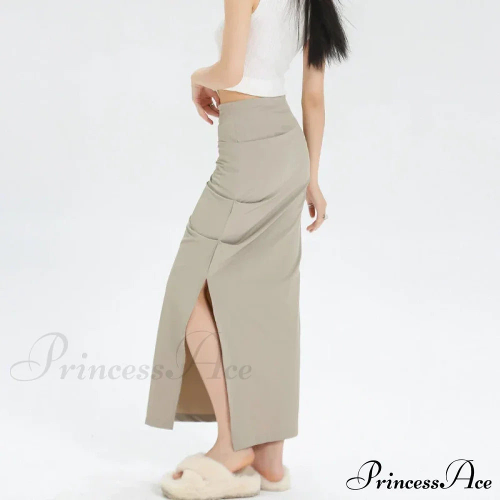 Slit Pleated Solid Long Skirt Vintage Korean Casual