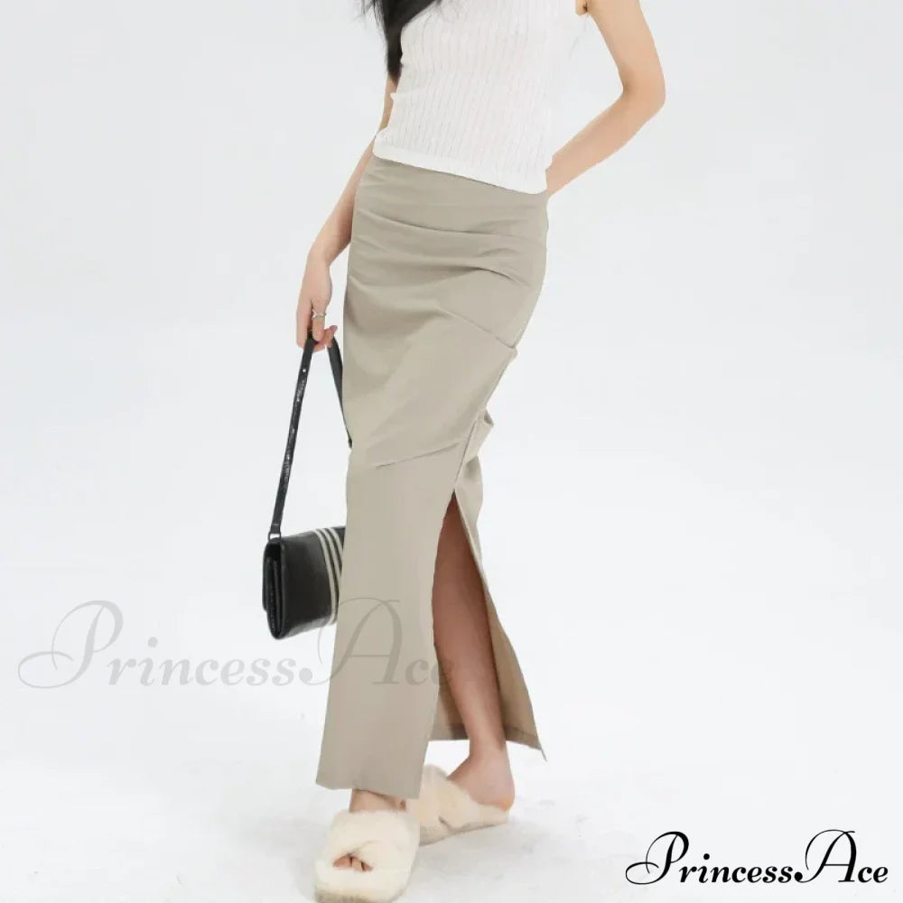 Slit Pleated Solid Long Skirt Vintage Korean Casual