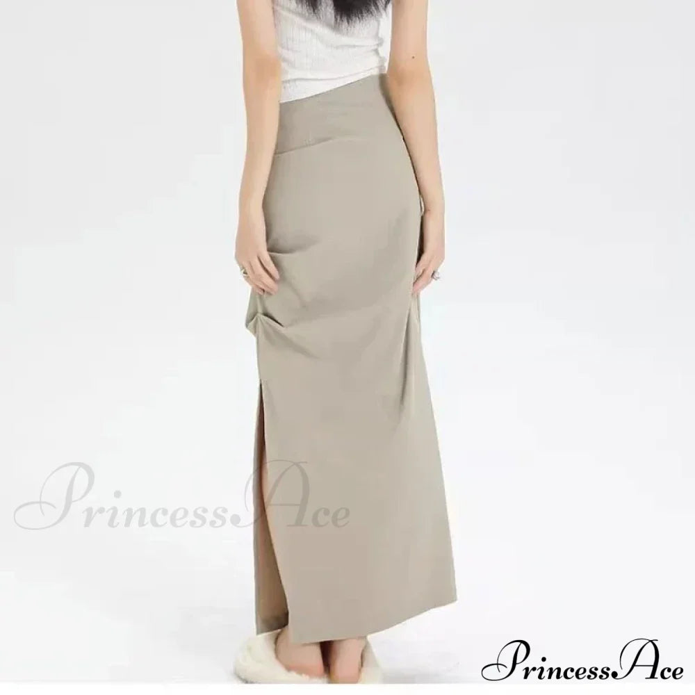 Slit Pleated Solid Long Skirt Vintage Korean Casual