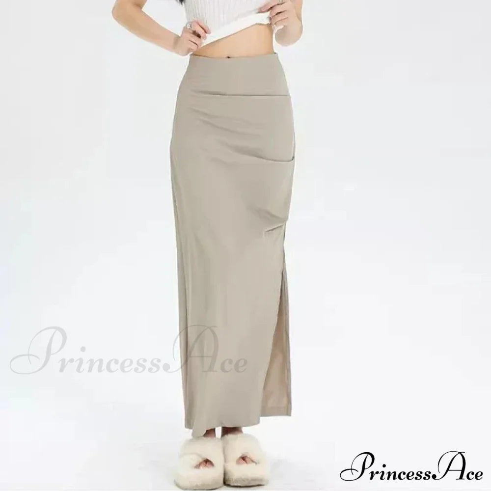 Slit Pleated Solid Long Skirt Vintage Korean Casual