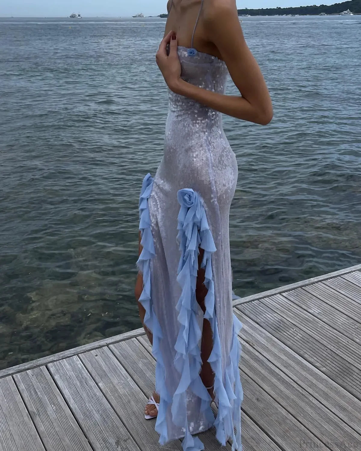 Slit Ruffle Sequin Party Dress Partydress-241208