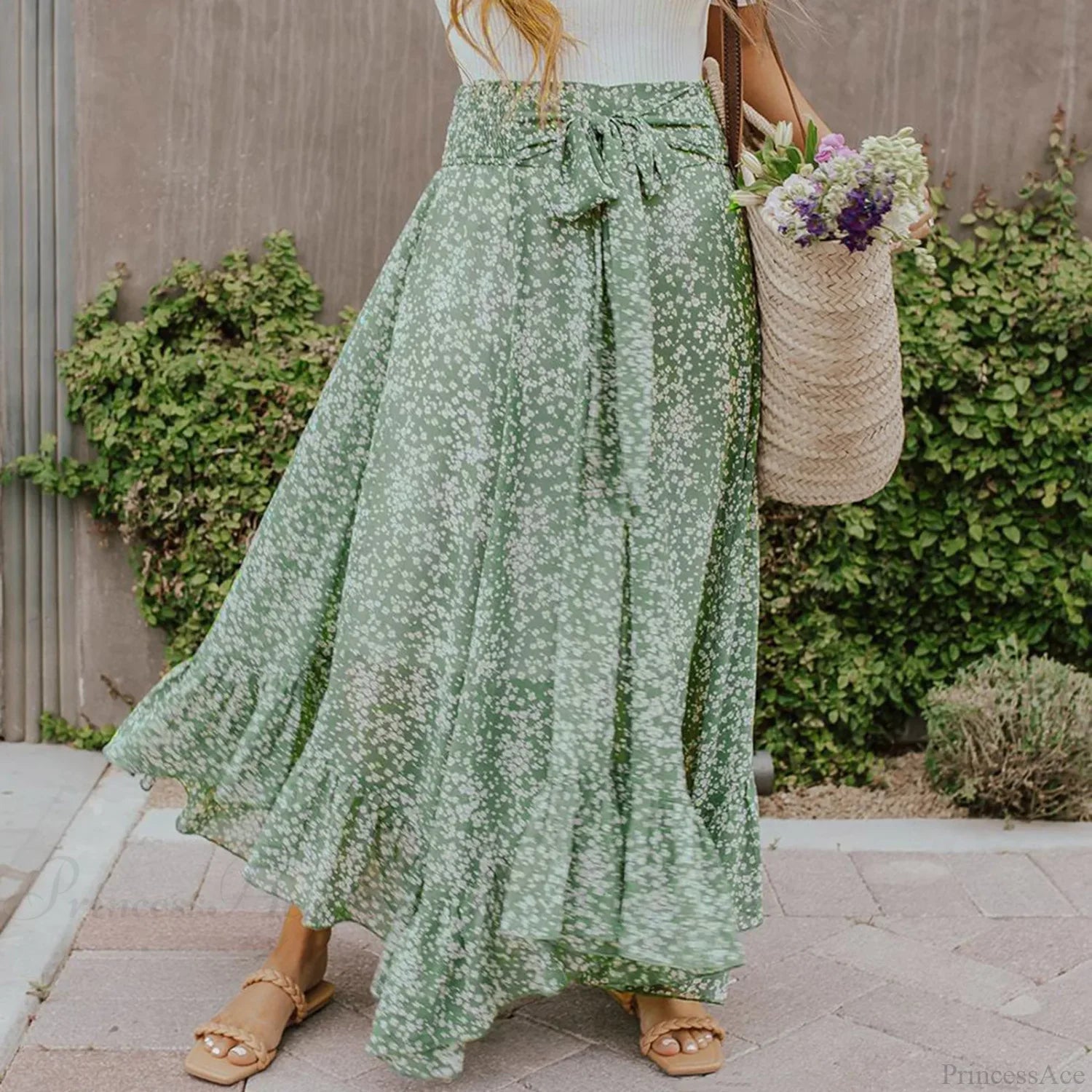 Small Floral Ruffle Korean Style High Waist Swing Long Skirt skirt-250126