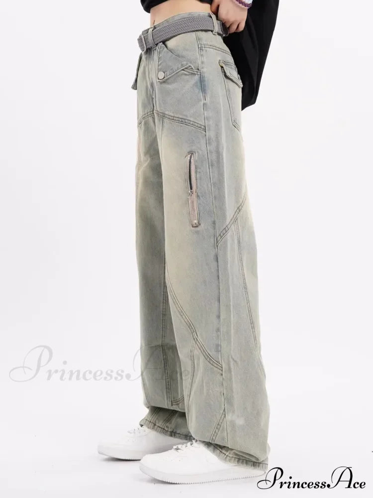 Small High Street Distressed Trendy Brand Washed Vintage Versatile Loose Wide Leg Women’s Jean