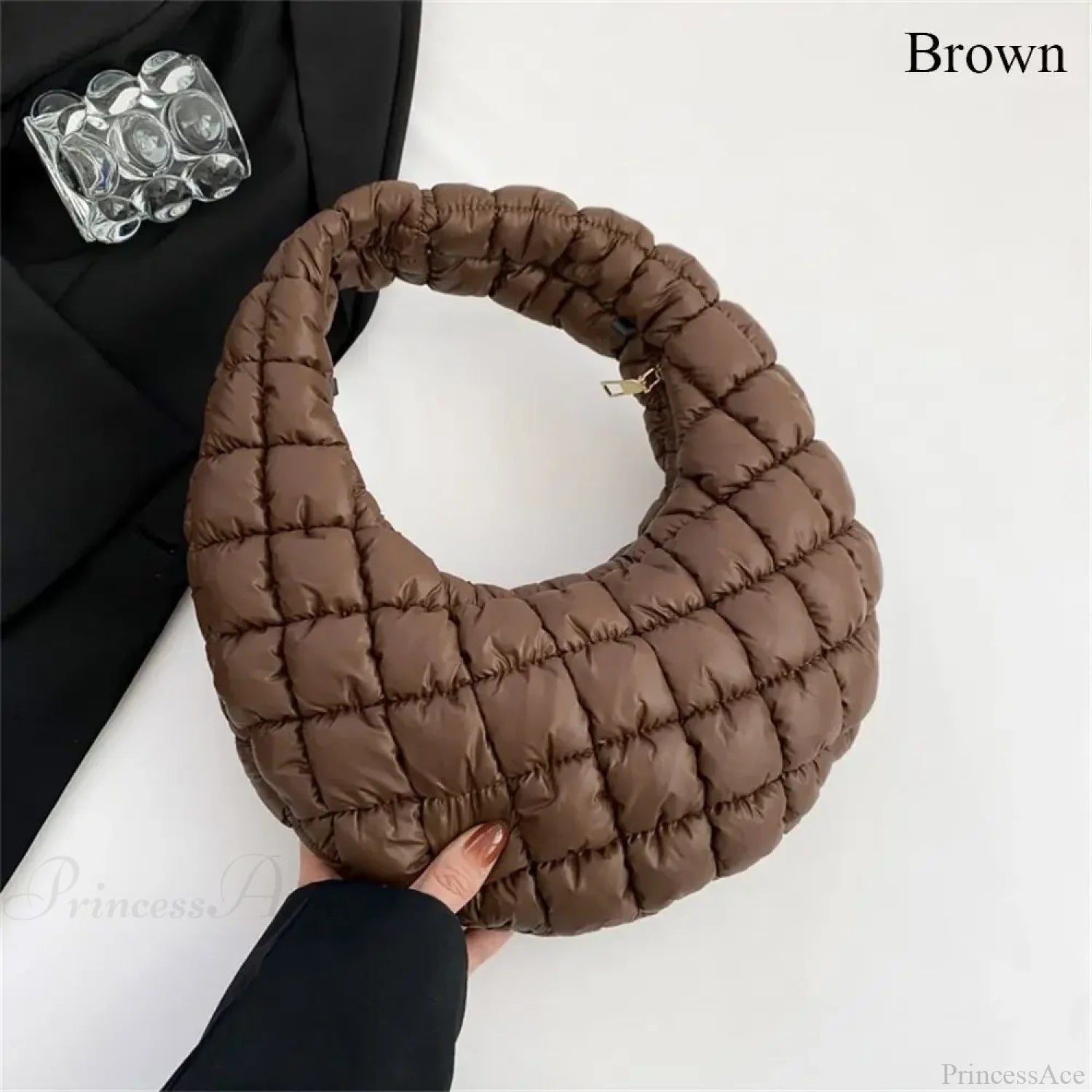 Small Quilted Tote Cotton Padded Shoulder Handbag Brown handbag-250126