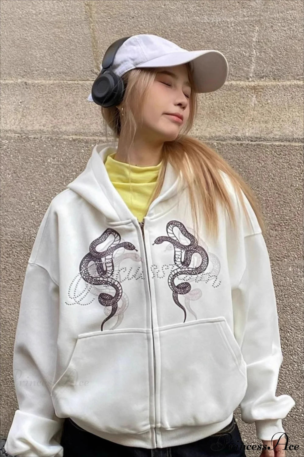 Snake Print Rhinestone Zip Up Cropped Hoodie White / M