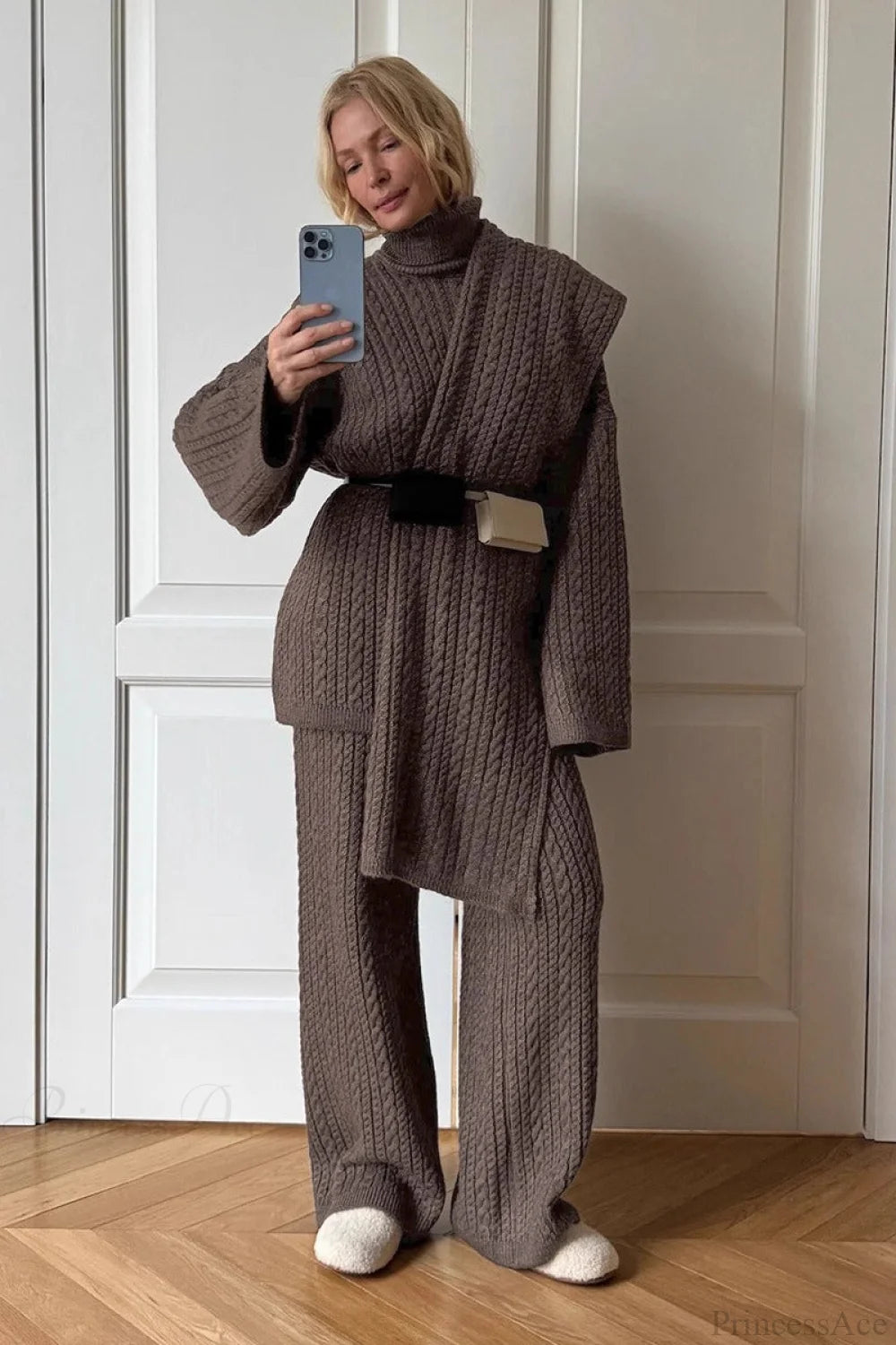 Soft Cable Knit Sweater Pants Two Piece Set Coffee / S