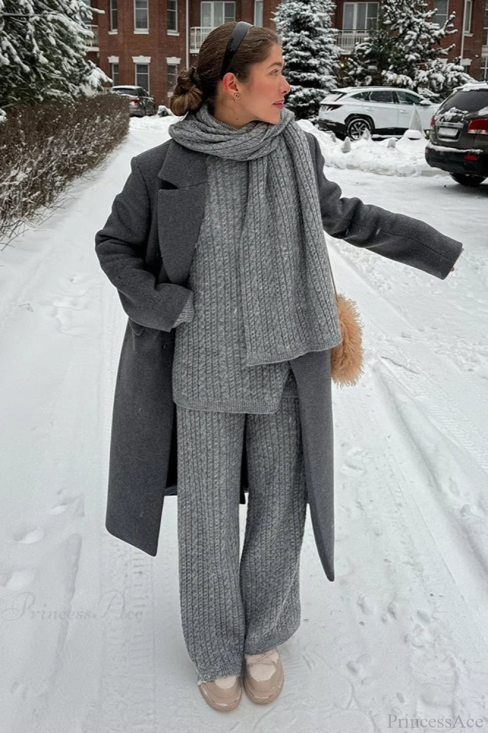 Soft Cable Knit Sweater Pants Two Piece Set Grey / S