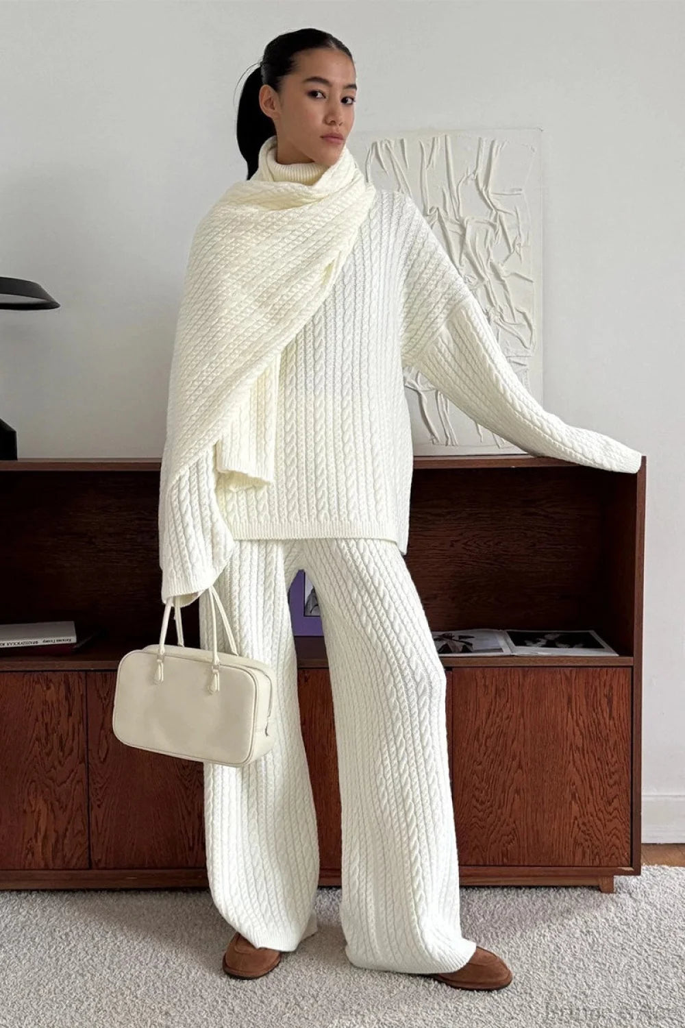 Soft Cable Knit Sweater Pants Two Piece Set White / S