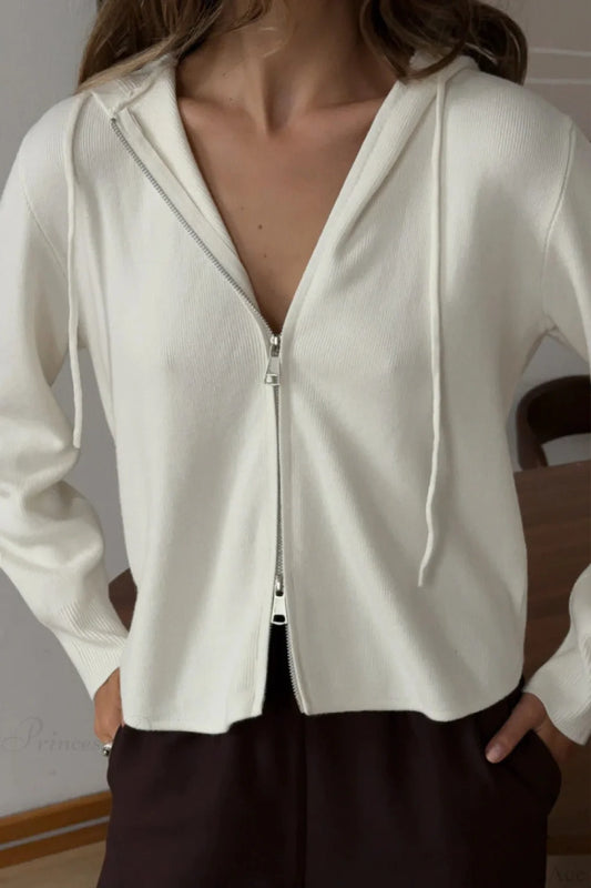 Soft Double Zip Hooded Short Knit Cardigan White / S