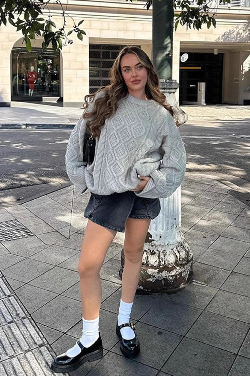 Solid 3D Chunky Cable Argyle Crewneck Loose Sweater