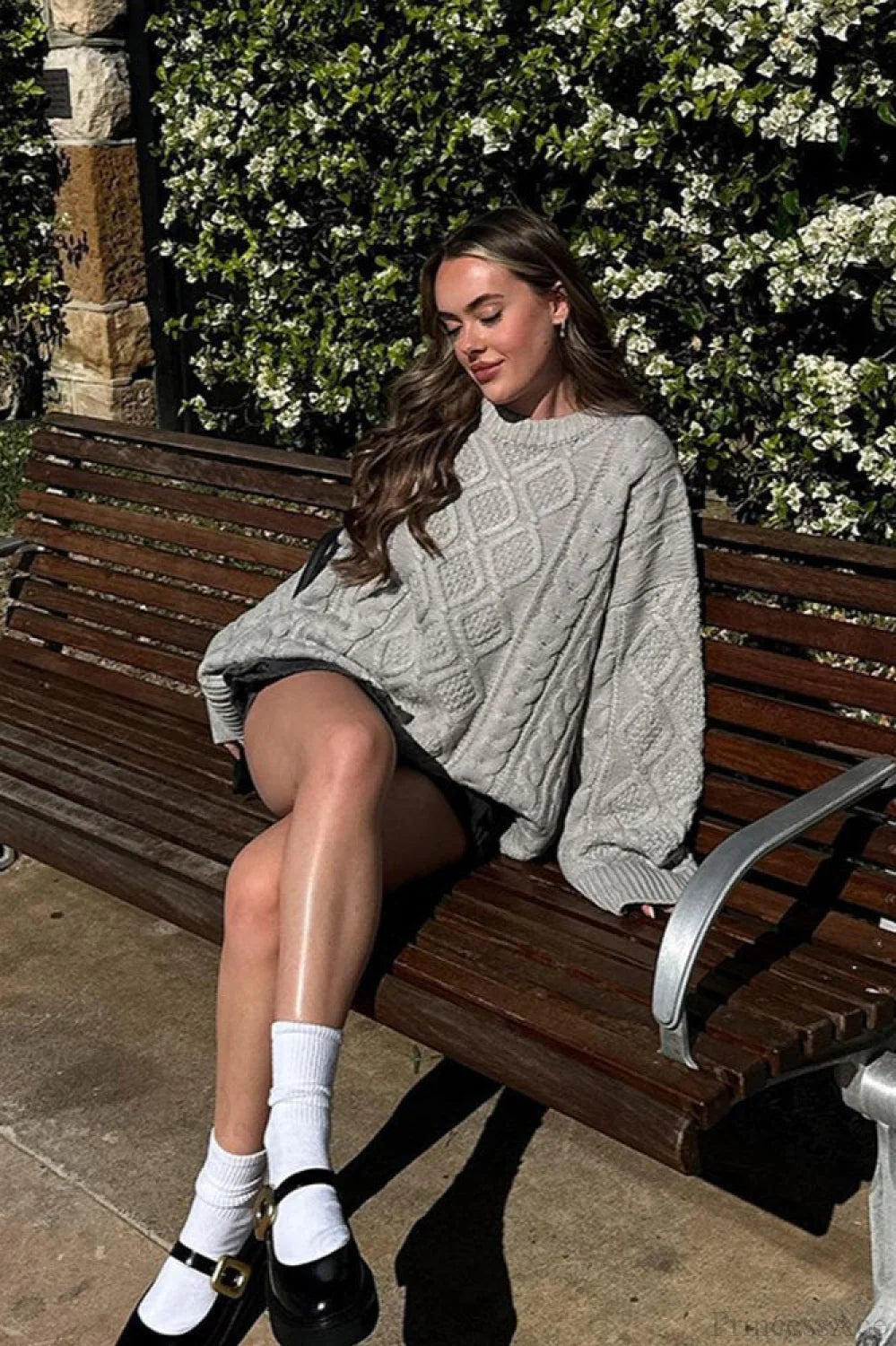 Solid 3D Chunky Cable Argyle Crewneck Loose Sweater