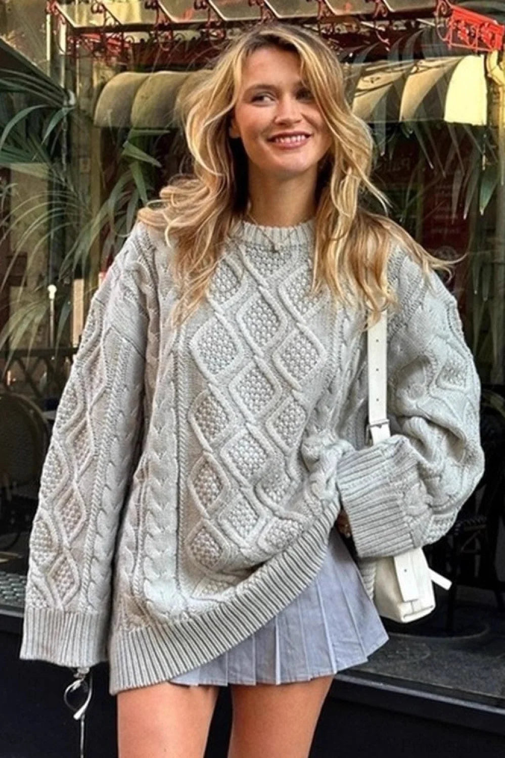 Solid 3D Chunky Cable Argyle Crewneck Loose Sweater Grey / S