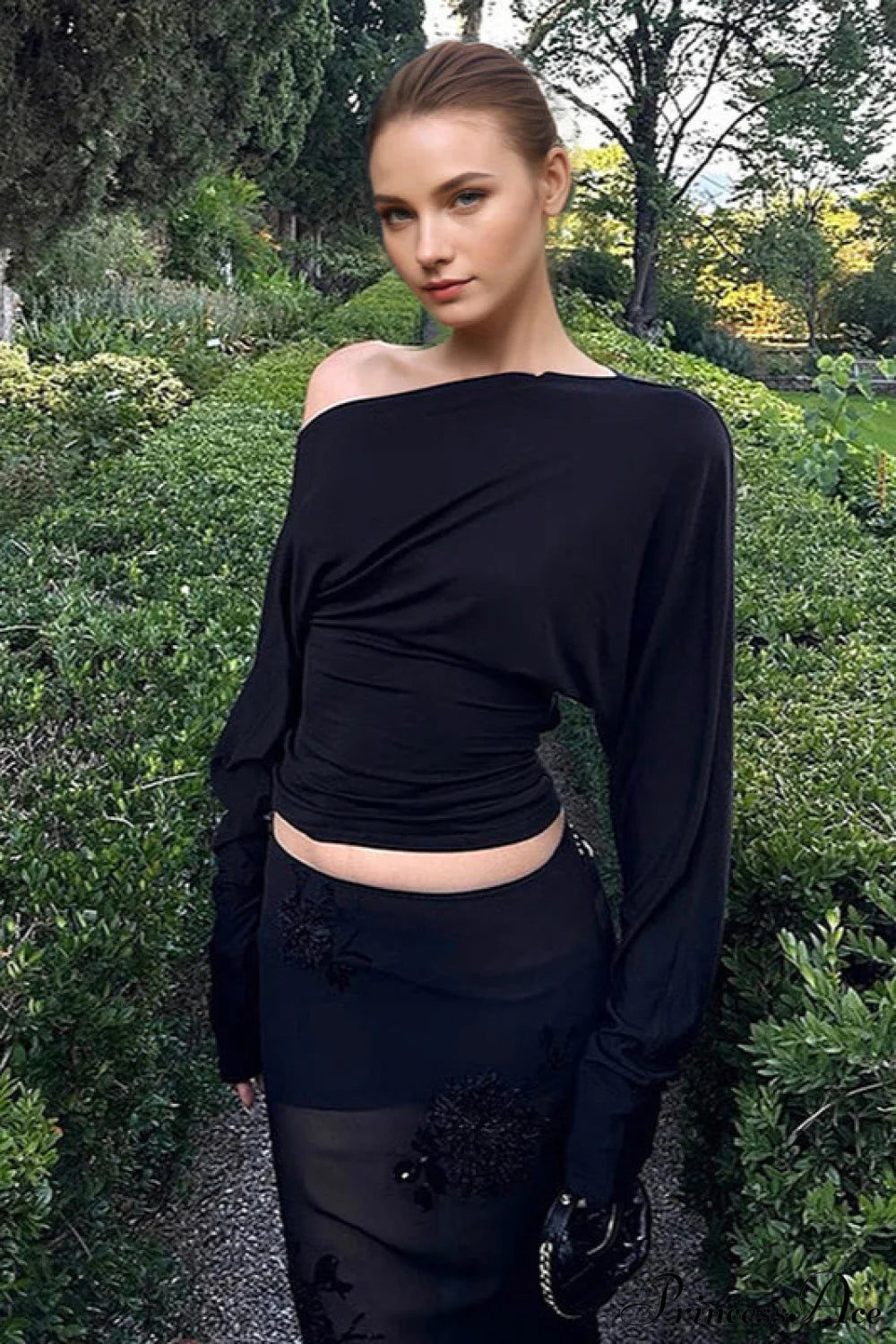 Solid Color Asymmetric Shoulder Cutout Long Sleeve Blouse