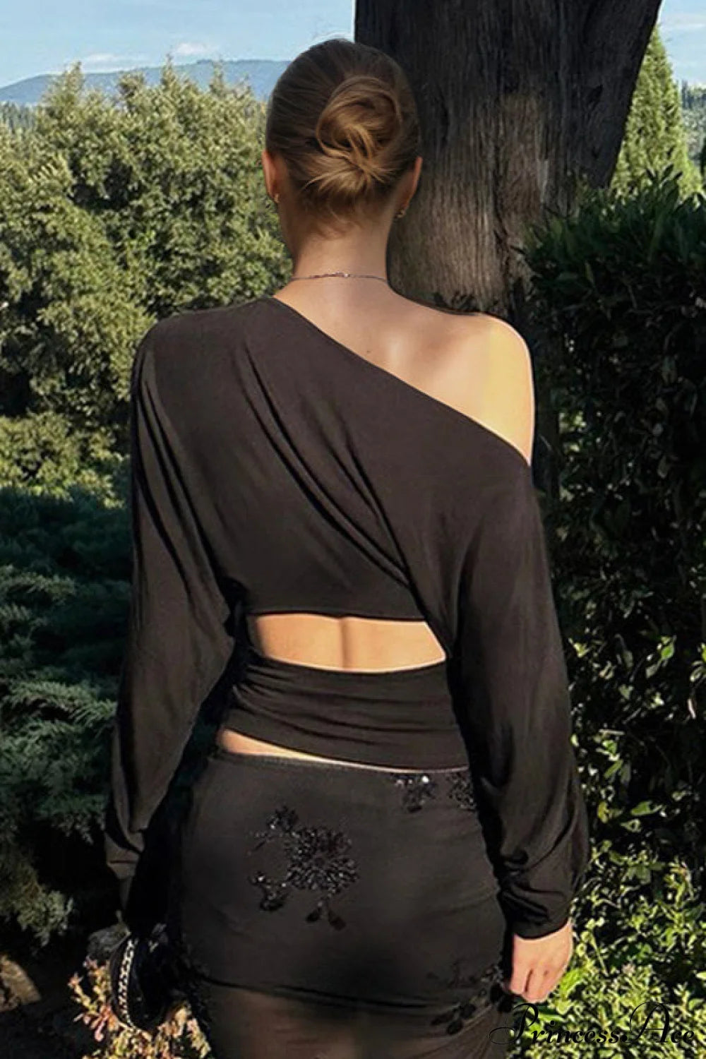 Solid Color Asymmetric Shoulder Cutout Long Sleeve Blouse