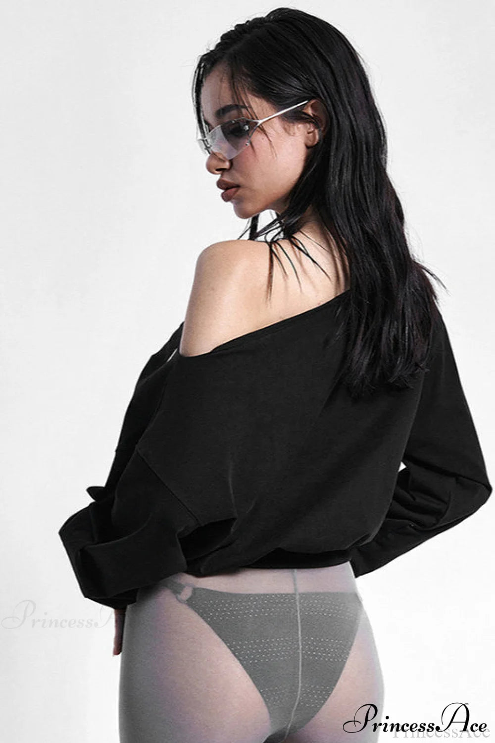 Solid Color Asymmetric Shoulder Cutout Long Sleeve Blouse