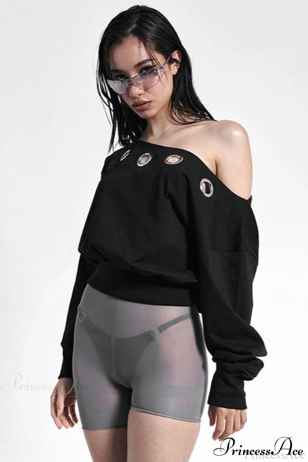 Solid Color Asymmetric Shoulder Cutout Long Sleeve Blouse Black / S