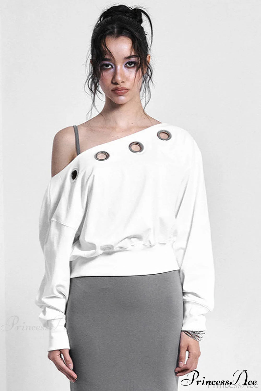 Solid Color Asymmetric Shoulder Cutout Long Sleeve Blouse White / S
