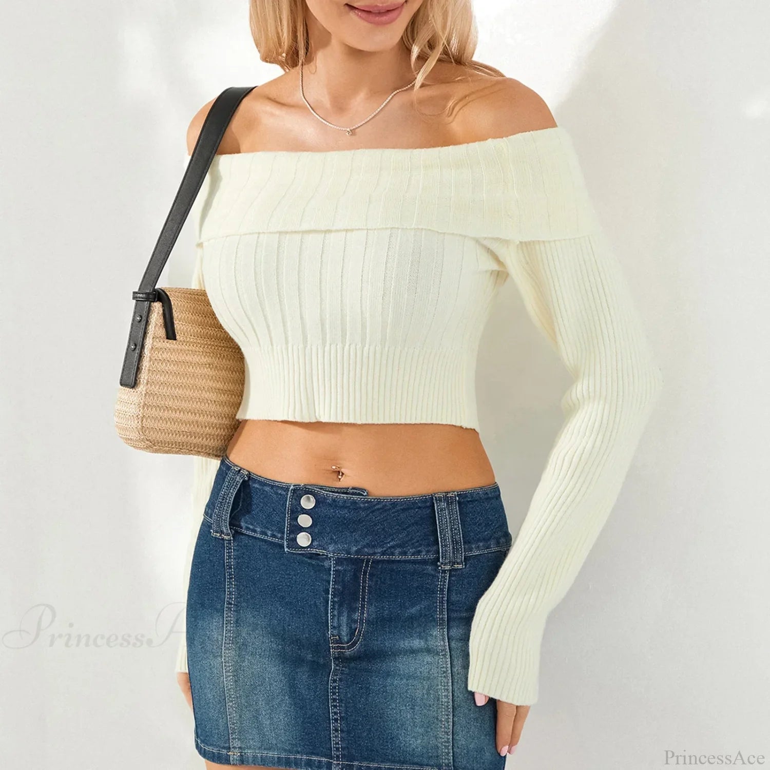 Solid Color Boat Neck Crop Sweater