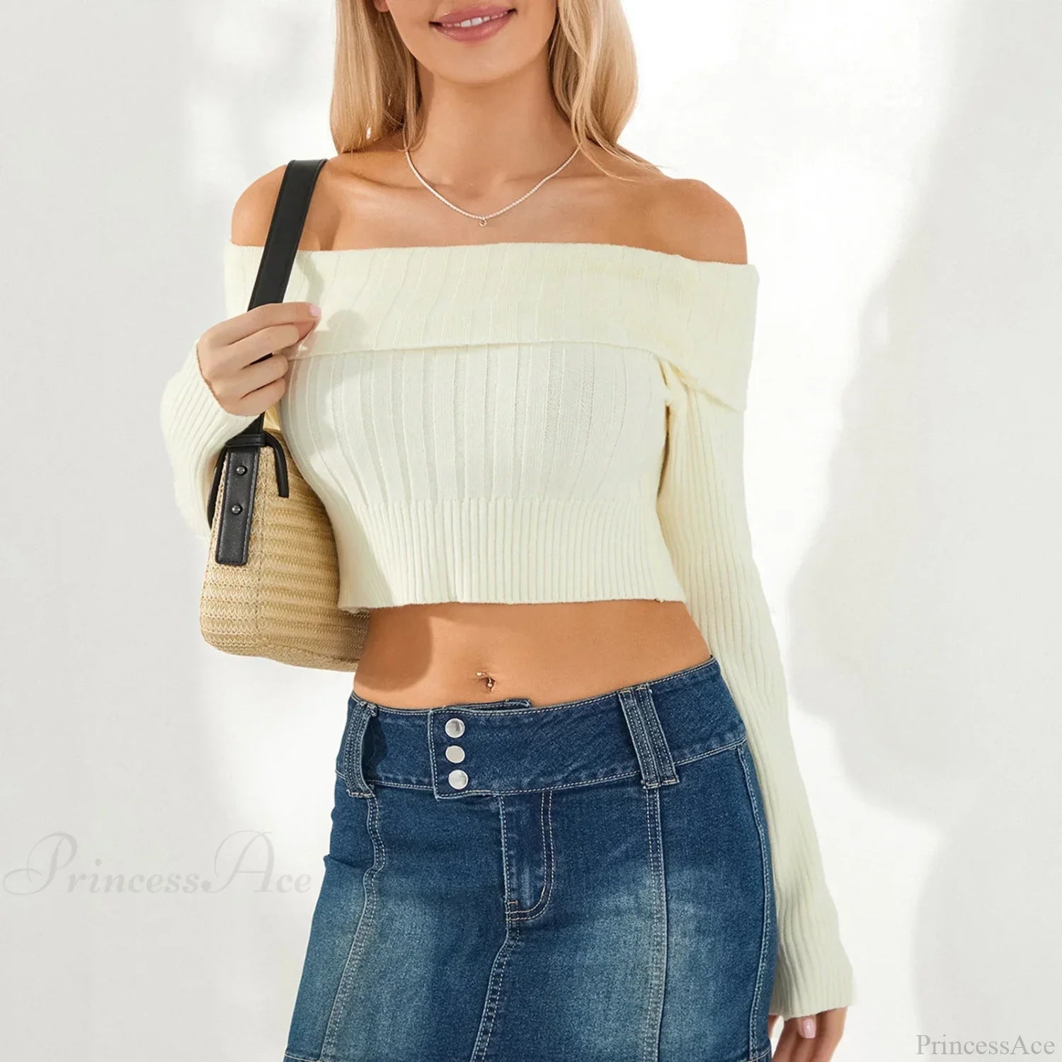 Solid Color Boat Neck Crop Sweater