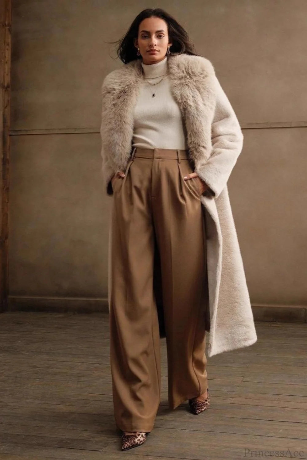 Solid Color Casual Furry Collar Faux Fur Overcoat