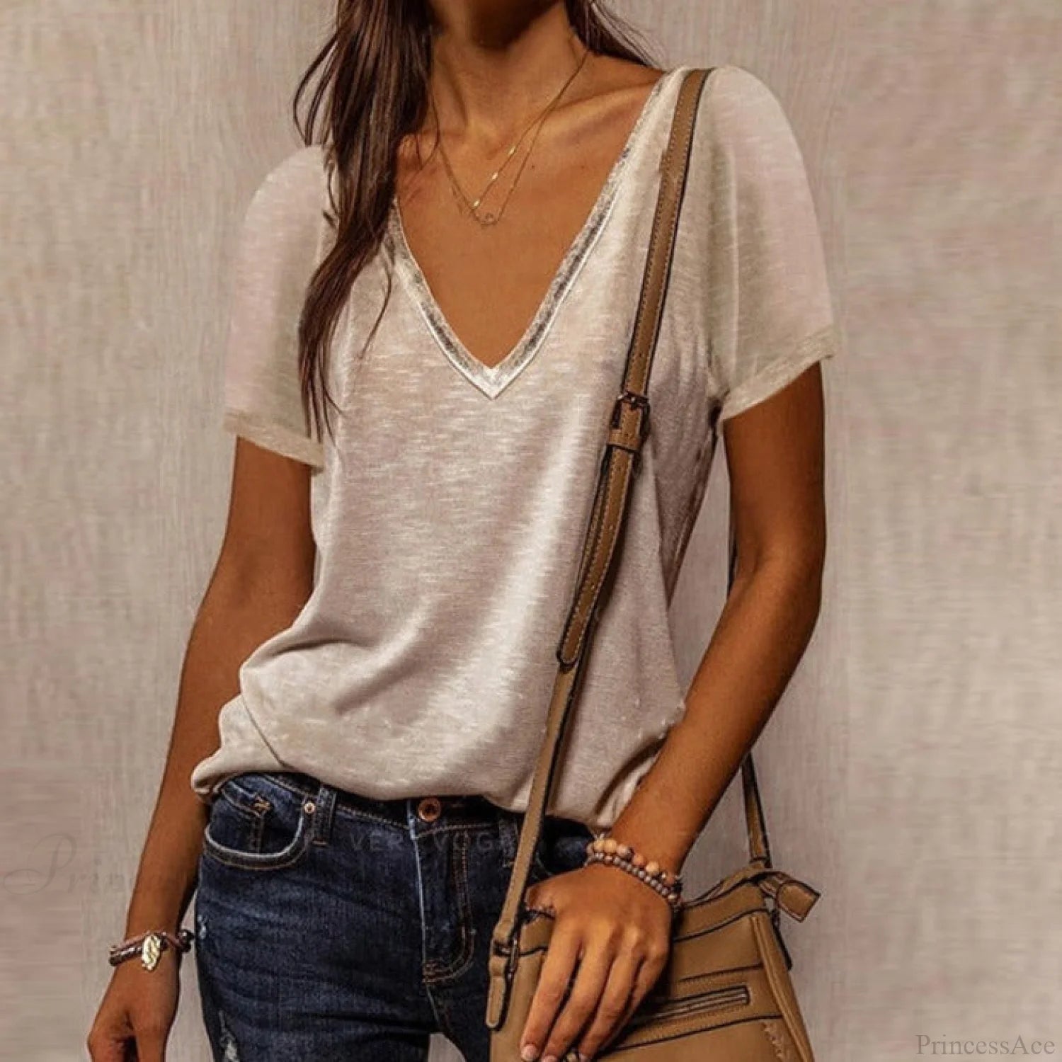 Neck Top Plus Women’s - T-Shirt Warm-Season Loose V Arm Patchwork Brief Size