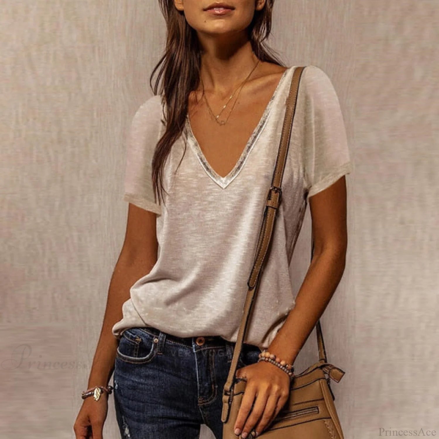 Neck Top Plus Women’s - T-Shirt Warm-Season Loose V Arm Patchwork Brief Size 1 / S